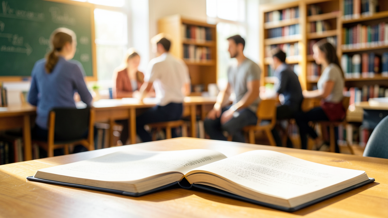 Open textbook on a sunlit study table in a library, with notebook beside it and students softly blurred in the background.